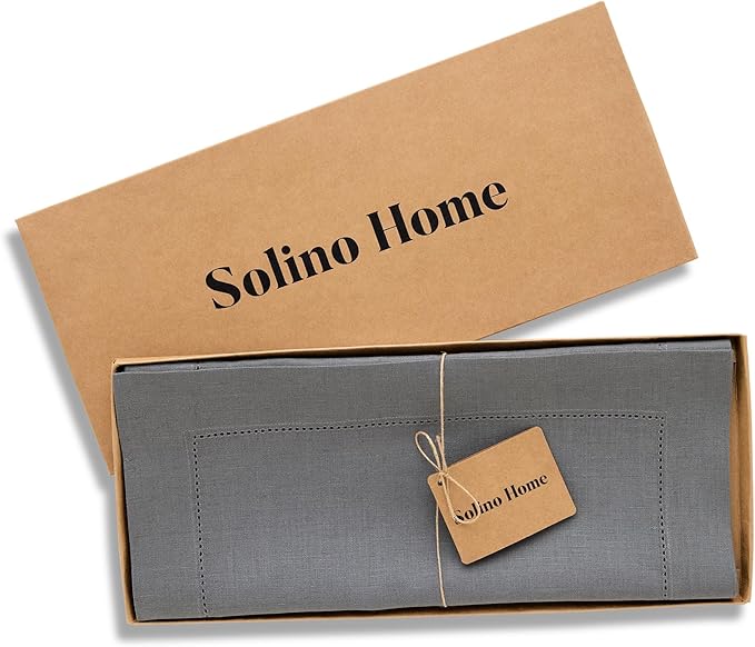 Solino Home Linen Steel Gray Hemstitch Table Runner 60 Inches - 100% Pure Linen Small Table Runner 14 x 60 Inch Ideal for Dresser and Coffee Tables - Classic Hemstitch