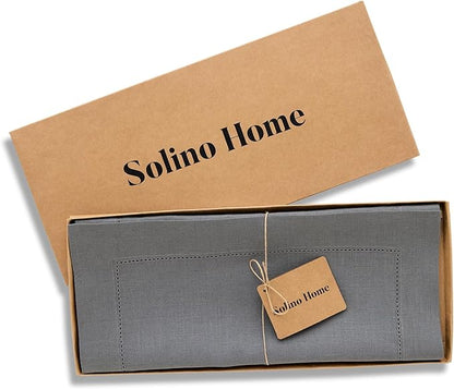 Solino Home Linen Steel Gray Table Runner 90 Inches Long - 100% Pure Linen Hemstitch 14 x 90 Inch Table Runner for Dining - Classic Hemstitch
