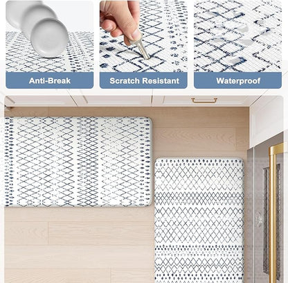 KIMODE Kitchen Mats 2PCS,Cushioned Anti Fatigue Boho Kitchen Rugs and Mats,Non Slip Waterproof Kitchen Mats for Floor,Comfort Foam Standing Desk Mat for Home,Office,Sink,Laundry,Blue and White