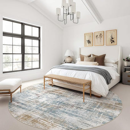 8ft Round Area Rug for Living Room: 8x8 Washable Neutral Abstract Modern Soft Rugs Non Slip Indoor Floor Stain Resistant Carpet for Bedroom Dining Room Office Nursery - Blue Brown