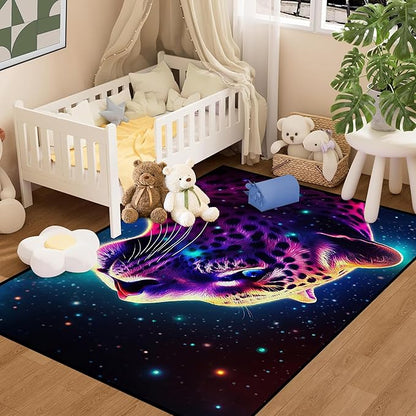 Galaxy Leopard Rug Fierce Panther Head Area Rugs for Boys Kids Bedroom Living Room Gameroom Girls Glitter Carpet Floor Mat Throw Rugs 59 in x 39 in