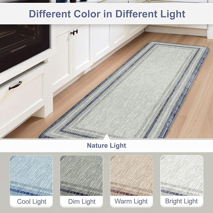 KIMODE Anti Fatigue Kitchen Mat, Cushioned Boho Oriental Kitchen Runner, Non Slip Waterproof Kitchen Mat for Floor, Comfort Foam Standing Desk Mat for Laundry, Office, Sink Blue and Grey 20"x39"