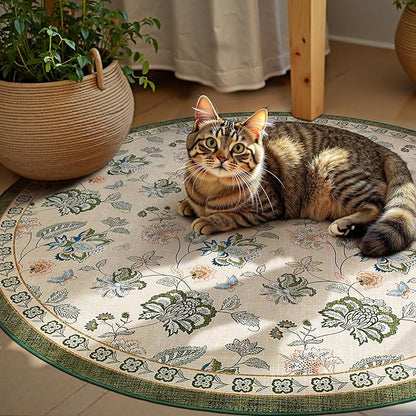 jinchan Elora 4ft Floral Round Rug for Entryway Washable Rug Vintage Romance Christmas Design Non Slip Indoor Doormat Lightweight Low-Profile Throw Carpet for Living Room Dining Room, Green/Beige