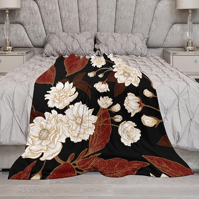 Red Gold Floral Blanket, Boho Dark Flower Leaves Chinese Plum Blossoms Botanical Vintage Throw Blanket for Bed Living Room Bedding Couch Soft Lightweight Warm Cozy Decor, 40"x50"