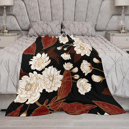 Red Gold Floral Blanket, Boho Dark Flower Leaves Chinese Plum Blossoms Botanical Vintage Throw Blanket for Bed Living Room Bedding Couch Soft Lightweight Warm Cozy Decor, 40"x50"