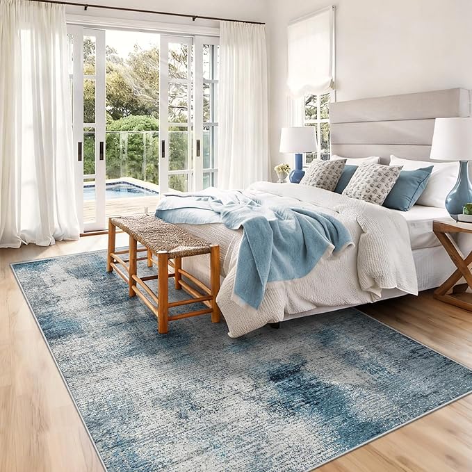 6x9 Area Rugs for Living Room: Washable Rug Modern Abstract Neutral Soft Rugs Non-Slip Low-Pile Indoor Floor Carpet for Bedroom Dining Room Kitchen (Blue, 6'x9')