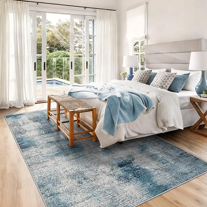 6x9 Area Rugs for Living Room: Washable Rug Modern Abstract Neutral Soft Rugs Non-Slip Low-Pile Indoor Floor Carpet for Bedroom Dining Room Kitchen (Blue, 6'x9')
