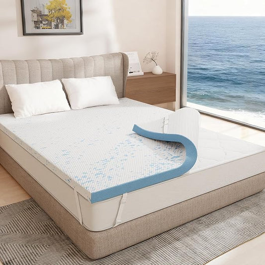 OhGeni 2 Inch Cooling Queen Size Gel Memory Foam Mattress Topper Pad, Washable Bed Cover with Anti-Slip Base &Zipper,Fits 6"-19" Mattresses with Straps,Extra Comfort for Sleep & Back Pain Relief