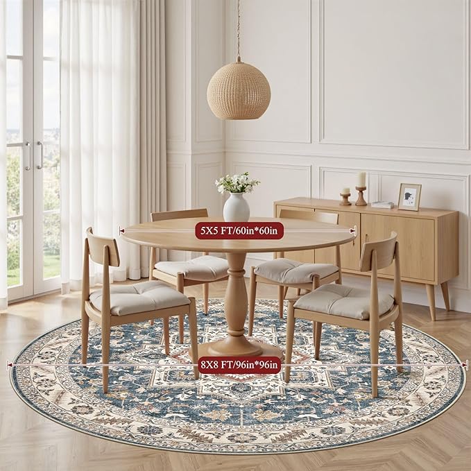 8ft Round Vintage Living Room Area Rug - 8x8 Large Soft Washable Oriental Traditional Distressed Farmhouse Rugs for Bedroom - Indoor Floor Accent Carpet for Home Office House Decor - Vintage Blue