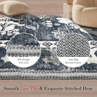 RUGSURE Washable Area Rugs - Perfect for Living Room, Bedroom, Kids Room, Nursery - Stain & Water Resistant Non-Slip, Pet & Child Friendly, Vintage Tribal Area Rugs (Grey, 2'6'' x 8')