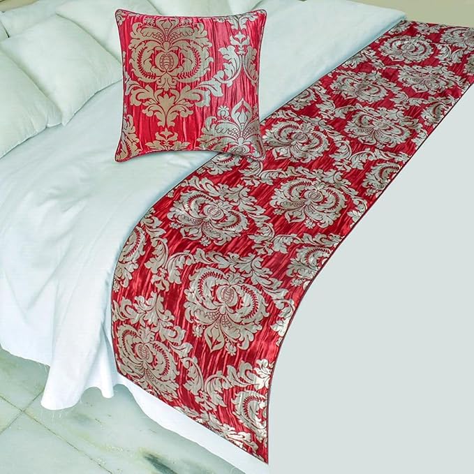 The HomeCentric Red Bed Runner for King/Queen/Twin Jacquard Decorative Bed Scarf 53"x18" Bed Runner Without Pillow Cover, Damask Bed Scarf Bedroom Décor Accent - Crimson Damask