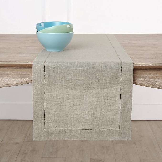 Solino Home Linen Natural Table Runner 90 Inches Long - 100% Pure Linen Hemstitch 14 x 90 Inch Table Runner for Dining, Christmas, New Year - Classic Hemstitch