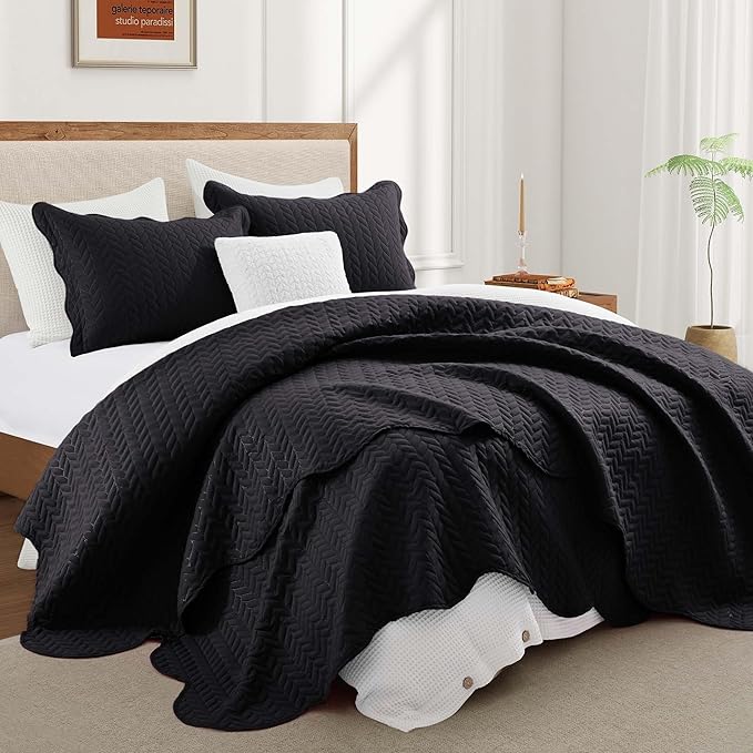 IR Imperial Rooms California King Quilt Bedding Set Size (118"x106") + 2 Pillow Shams (20" x 36"+ 2") - 3 Pcs All Season Reversible Microfiber Coverlet Embossed Quilt Bedspread (Black)