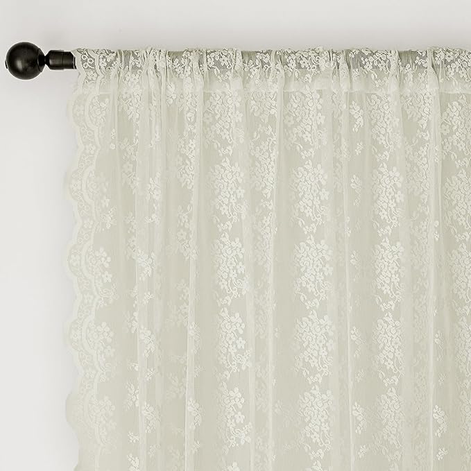 Anmao Vintage Lace Curtains 90 Inches Long 2 Panels Set, Romantic Elegant Light Filtering Semi Sheer Floral Thick Lacy Curtain Drapes for Living Room and Bedroom, Each Panel 55W x 90L, Ivory