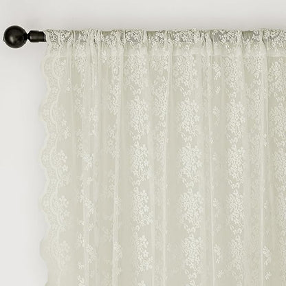 Anmao Vintage Lace Curtains 108 Inches Long 2 Panels Set, Romantic Elegant Light Filtering Semi Sheer Floral Thick Lacy Curtain Drapes for Living Room and Bedroom, Each Panel 55W x 108L, Ivory