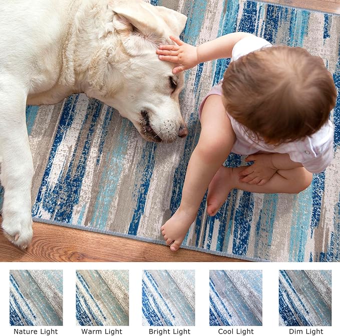 Modern Abstract Runner Rug 2x12, Blue Washable Long Kitchen Runner Non-Slip Soft Hallway Rug Runner Thin Print Faux Wool Carpet for Entryway Bedroom Laundry Room Indoor Home Decor