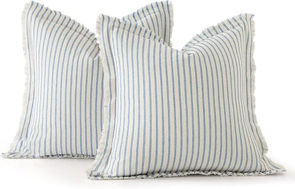 MIULEE Pack of 2 Light Blue Pillow Covers 18x18 Inch Striped Farmhouse Couch Spring Throw Pillow Covers with Fringe Chic Cotton Decorative Cushion Covers for Sofa Living Room Bed Outdoor Home Decor