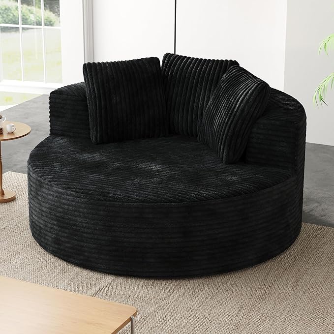 JACH Oversized Round Lazy Sofa Chair with Three Pillows, 50" Corduroy Deep Seat Single Sleeper Sofas, Upholstered Chaise, Cloud Couch for Living Room, Apartment, Black
