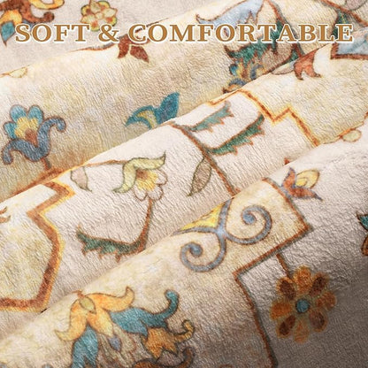 SERISSA Boho Area Rug 5x7 Light Yellow, Washable Large Rugs for Living Room, Ultra Soft Non-Slip Bedroom Rug Print Distressed Vintage Farmhouse Carpet Rug for Dining Room Dorm Office Home Decor