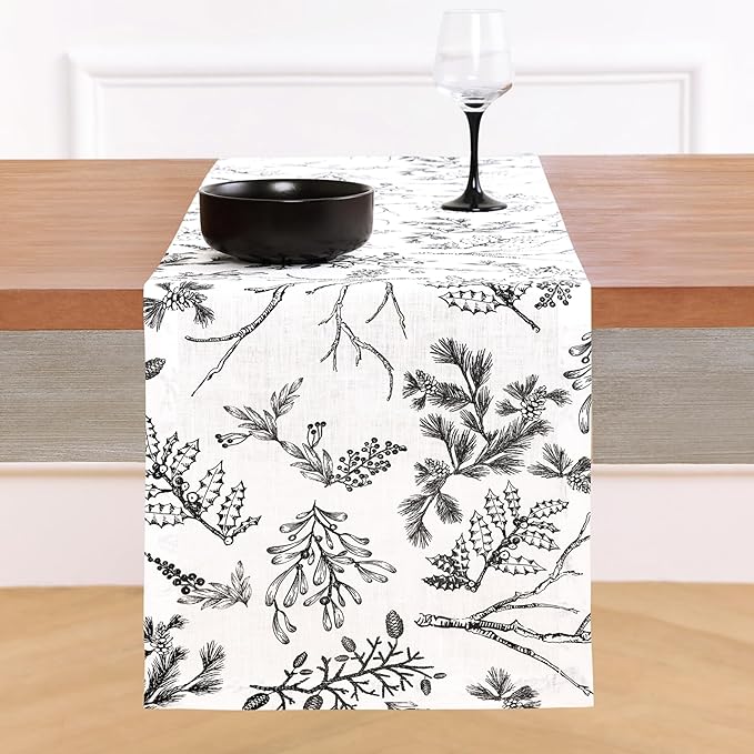 Solino Home 100% Pure Linen Christmas Table Runner 90 Inch Long - Black/White Table Runner 14 x 90 Inch - Handcrafted and Machine Washable - Winter Forest Print