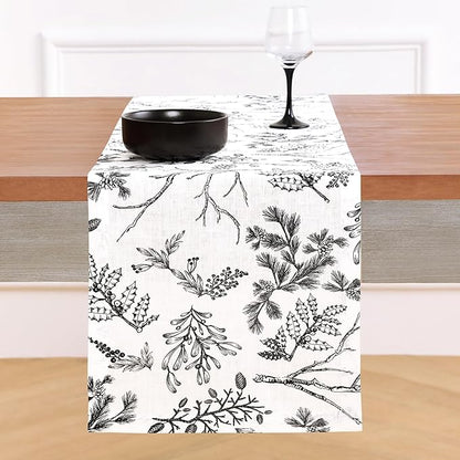 Solino Home 100% Pure Linen Christmas Table Runner 120 Inches Long - Black/White Table Runner 14 x 120 Inch - Handcrafted and Machine Washable - Winter Forest Print