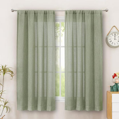 Simplebrand Sage Green Faux Linen Textured Curtains 63 Inch Length 2 Panels for Bedroom, Semi Sheer Light Filtering Privacy Farmhouse Curtains, Soft Thick Rod Pocket Window Drapes, 40W x 63L Inch
