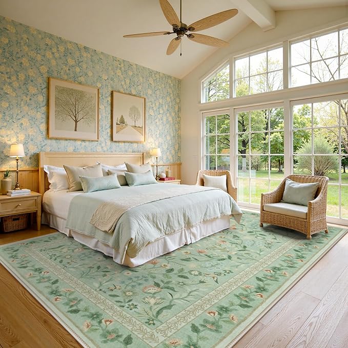 Lahome Floral Washable Area Rugs 8x10, Non-Slip Living Room Carpet Soft Tumble Washable Rugs for Bedroom Nursery, Vintage Botanical Print Carpet for Classroom Kids Room Dining Room, Sage