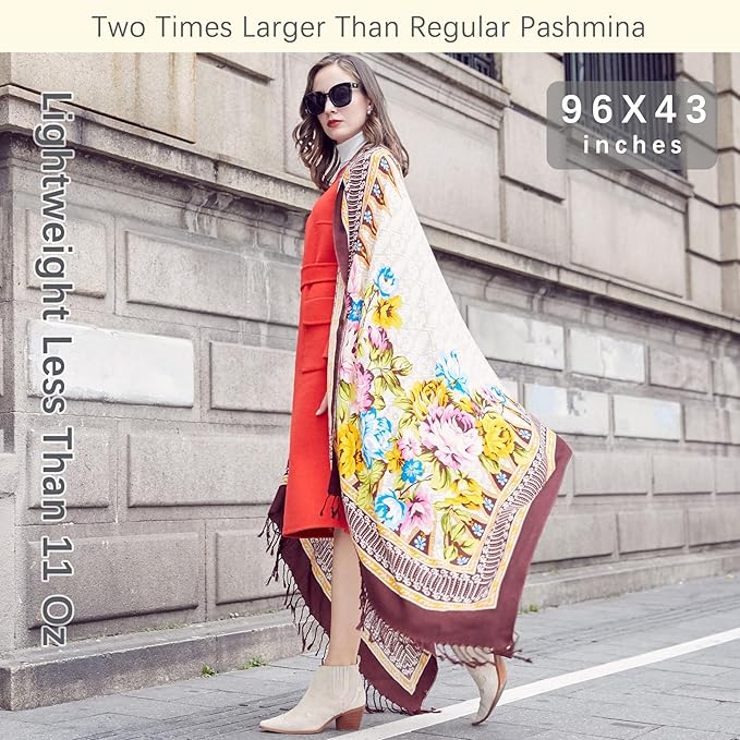 DANA XU 100% Merino Wool Pashmina Shawl for Women 96"x43", Oversized Cashmere Wrap with Tassels, Floral Travel Blanket Cape