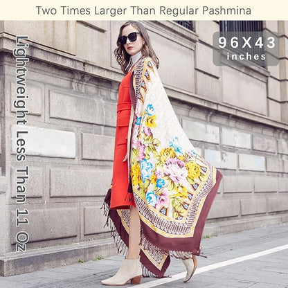 DANA XU 100% Merino Wool Pashmina Shawl for Women 96"x43", Oversized Cashmere Wrap with Tassels, Floral Travel Blanket Cape