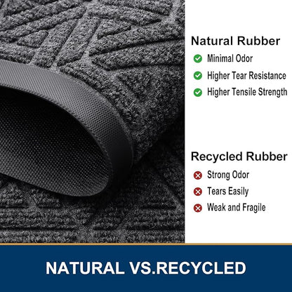 Smiry Front Door Mat Outside Entrance, Heavy Duty Sturdy Natural Rubber Doormat, Trap Dirt and Moisture, Easy Clean Low Profile Mats for Indoor Outdoor Entry, Grid Geometric (29.5x17, Grey)