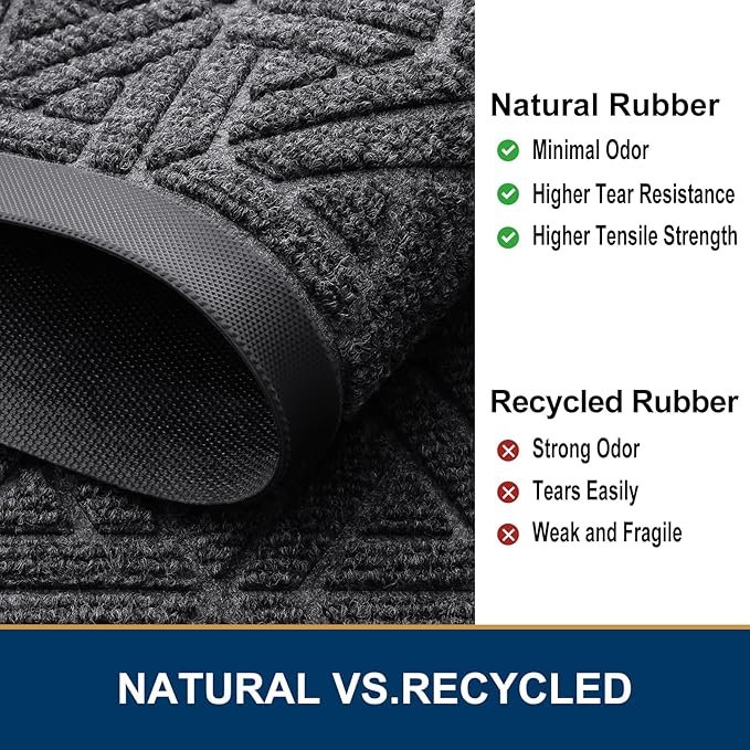 Smiry Front Door Mat Outside Entrance, Heavy Duty Sturdy Natural Rubber Doormat, Trap Dirt and Moisture, Easy Clean Low Profile Mats for Indoor Outdoor Entry, Grid Geometric (71x24, Grey)