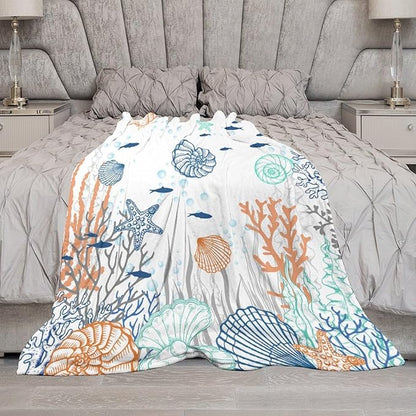 Nautical Coastal Blanket, Starfish Seashell Coral Beach Themed Drapes Ocean Orange Blue Teal Conch Print Throw Blankets for Sofa Couch Bed Room Birthday Decor, 30"x40"