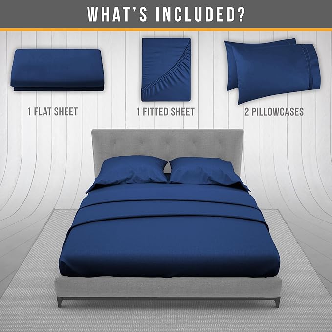 King Size Sheets Set Cooling - Luxury Hotel Sheets - Soft Bed Sheet with Elastic Corner Straps - Deep Pockets Microfiber Bedsheet - Bedding Sheet & Pillowcases - 4 PC (King, Navy Blue)