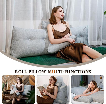 Headboard Pillow Twin XL, Triangular Wedge Backrest with Removable Head Roll & Side Pocket, 100% Linen Reading Pillow for Bed, Couch, Floor - Ergonomic Support for Neck, Back,Grey