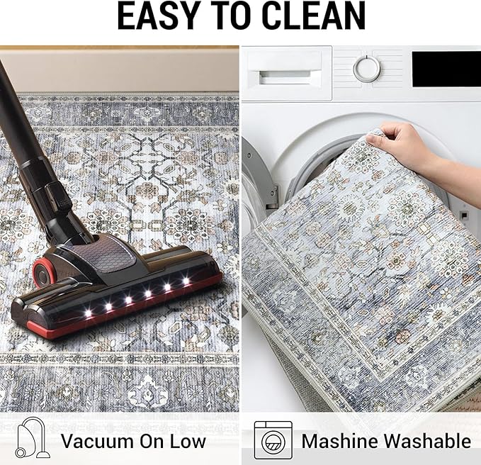 KUTA Vintage Floral Washable Hallway Runner, 2x8 Runners for Hallways Non-Slip Kitchen Rugs Grey Blue Ultra Thin Soft Printed Distressed Oriental Floor Carpet for Laundry Bedroom Living Room Nursery