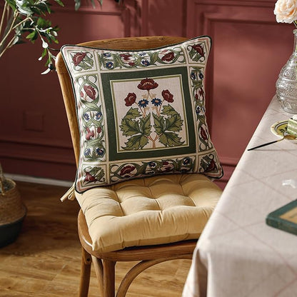 ISAENNE Design Linen Square Throw Pillow Covers 18"x18" Pack of 2, Yellow Green French Cushion Covers with Red Rose Floral Pattern Decoration Pillowcases for Bed, Living Room, Outdoor, Car