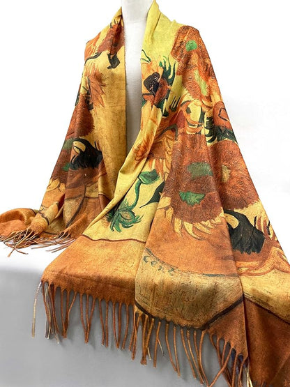 VENVSBEE Reversible Scarf Soft Large Shawl Wrap Blanket Double Sided Art Print Warm Pashmina Stoles Klimt Van Gogh Gifts