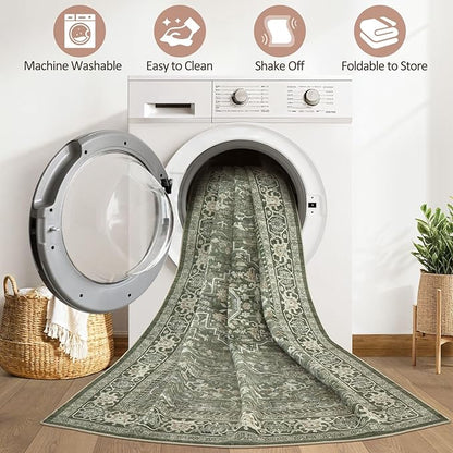 8x10 Area Rugs Living Room: Washable Boho Large Neutral Vintage Soft Rug Stain Resistant Farmhouse Non-Slip Indoor Floor Carpet for Bedroom Nursery Kids Playroom Office Dining Room Home- Dark Green