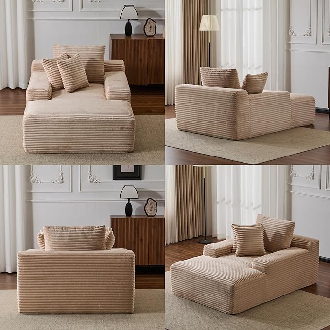 Chaise Lounge Chair Indoor, Oversized Comfy Fluffy Cloud Couch with Throw Pillows & Deep Seat, Modern Lounge Sleeper Couch with Armrests, Upholstered Sofa Bed Chair for Living Room, Beige