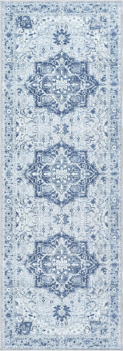 Bloom Rugs Washable Non-Slip 10 ft Runner - Gray/Blue Traditional Medallion Runner for Entryway, Hallway, Bathroom, and Kitchen - Exact Size: 2.5' x 10'