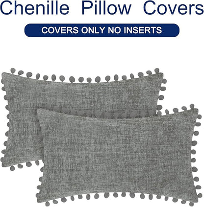 CaliTime Throw Pillow Covers Decorative 20 X 12 Inches Pack of 2 Cozy Solid Dyed Soft Chenille Cushion Cases with Pom Poms for Couch Sofa Bed Living Room Home Medium Grey