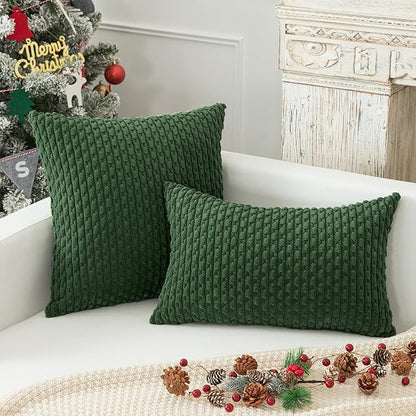 Kevin Textile 12x20 Inch Pillow Cover 1 Pack Boho Christmas Decorative Soft Striped Corduroy Lumbar Farmhouse Color Accent Rectangle Cushion Case for Living Room Couch Sofa Bed, Dark Green
