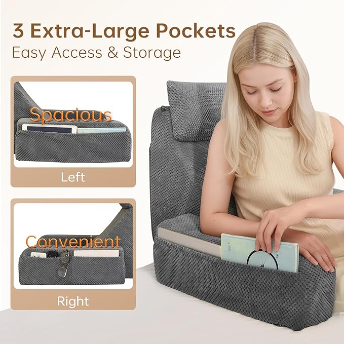 Vekkia Reading Pillow,Back Pillow for Bed Sitting Up Adult,Backrest Support Pillow with Build-in Arms & XL Pockets,Rest Chair for Reading,Gaming,Relaxing,Working or Watching TV in Bed/Floor-19'' Grey