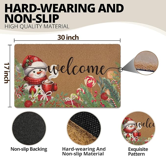 Christmas Snowman Door Mat, Winter Welcome Doormat, Christmas Holiday Welcome Front Door Mat Indoor Outdoor Entrance, Xmas Botanical Artificial Coir Doormats Rugs for Porch Entryway 30x17in