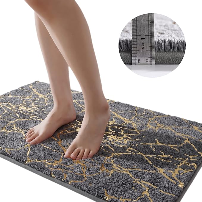 QJHOMO Marble Bathroom Rug Gray and Gold Decor Bathroom Rugs Non Slip Bath Mat Super Absorbent Microfiber Plush Bathmat Machine Washable Floor Carpet for Tub, Shower, Bedroom (20x32 inch)