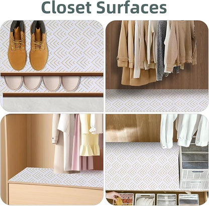 Shelf Liner for Kitchen Cabinets Non Adhesive Drawer Liner Non-Slip Thickened Shelf Liner Paper Strong Easy to Clean for Tool Box Refrigerator with Knife and Tape Measure, Gold Arrow,23.6 x 354.3 in