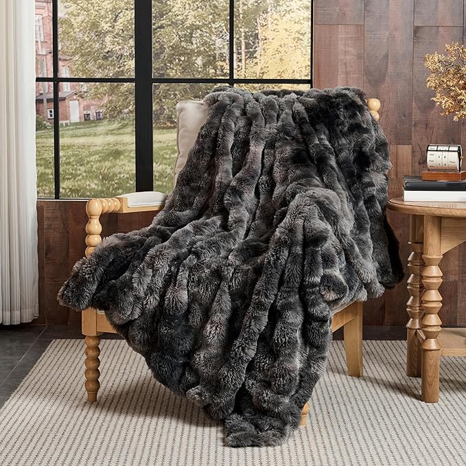 Lotus Karen Faux Fur Blanket Tie-Dye Dark Gray Twin Size - Big Bubble Rabbit Fluff Throw for Couch Small Fluffy Fuzzy Cozy Thick Furry Plush Shaggy Blankets 108x90 Inches