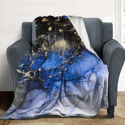 Modern Marble Blanket, Abstract Luxury Baroque Golden Dark Blue Stone Veins Pattern Soft Warm Cozy Plush Flannel Covers for Livingroom Bedroom Couch Chair Camping Travel Home Decor Tapestry 50x60in