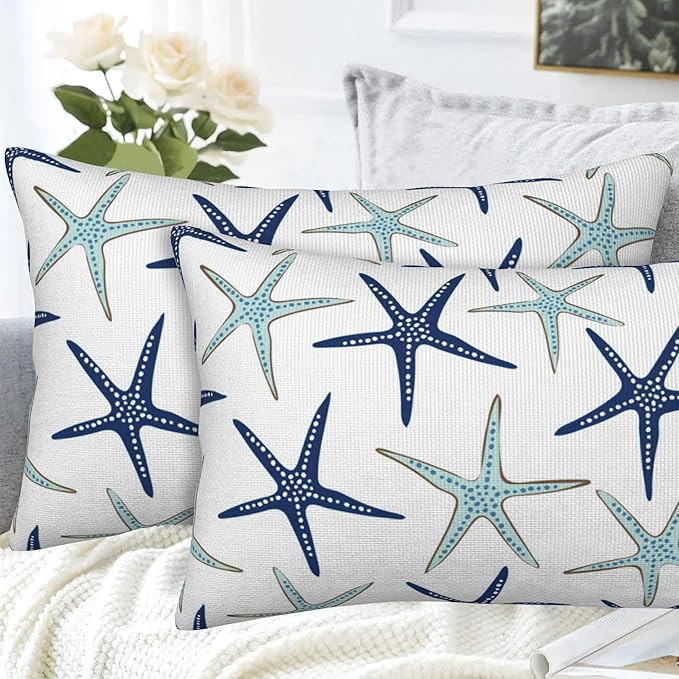 Throw Pillow Covers Nautical Starfish Pillow Covers 20x12 Inch Set of 2 Navy Blue and Turquoise Sea Stars Throw Pillows Decorative Pillow Cases Cushion Covers for Bedroom Livingroom