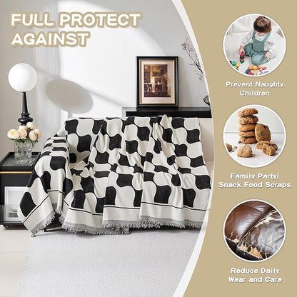 MEETSKY Sofa Covers Washable Couch Covers for 3 Cushion Couch Sofa Pet Friendly, Simple Modern Plaid Jacquard Couch Covers for Dogs, 91" x 118", Black Checkerboard